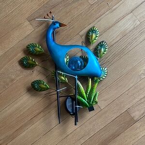 Blue Peacock Metal Garden Art with Green Leaf Accents & Blue Crackle Glass Ball